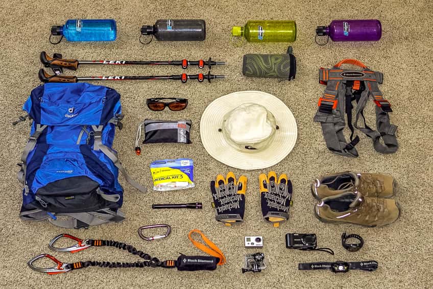 Trekking gear laid out and ready to pack